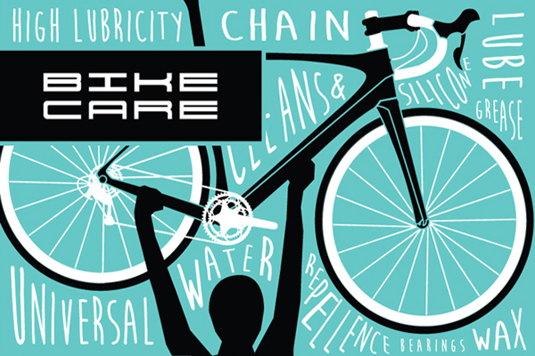 Illustration with words connected to TEC's Bike Care line, chain lube, water repellence and wax.